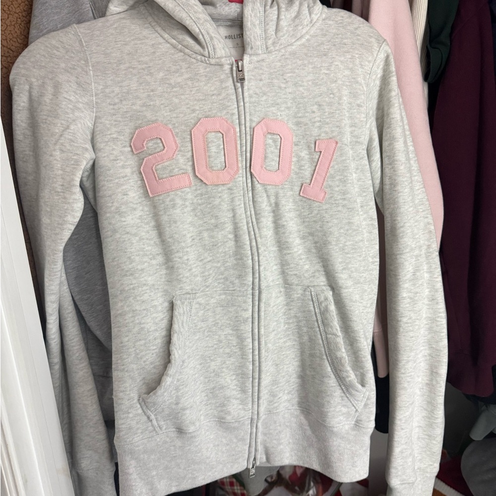 Hollister Light Gray Hoodie with Pink Numbers